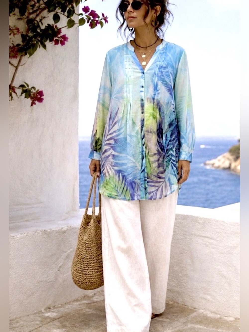 SOFT SURROUNDINGS TROPICAL TOP XL/0X V NECK OPEN SHEER MERMAID FAIRY PRISTINE